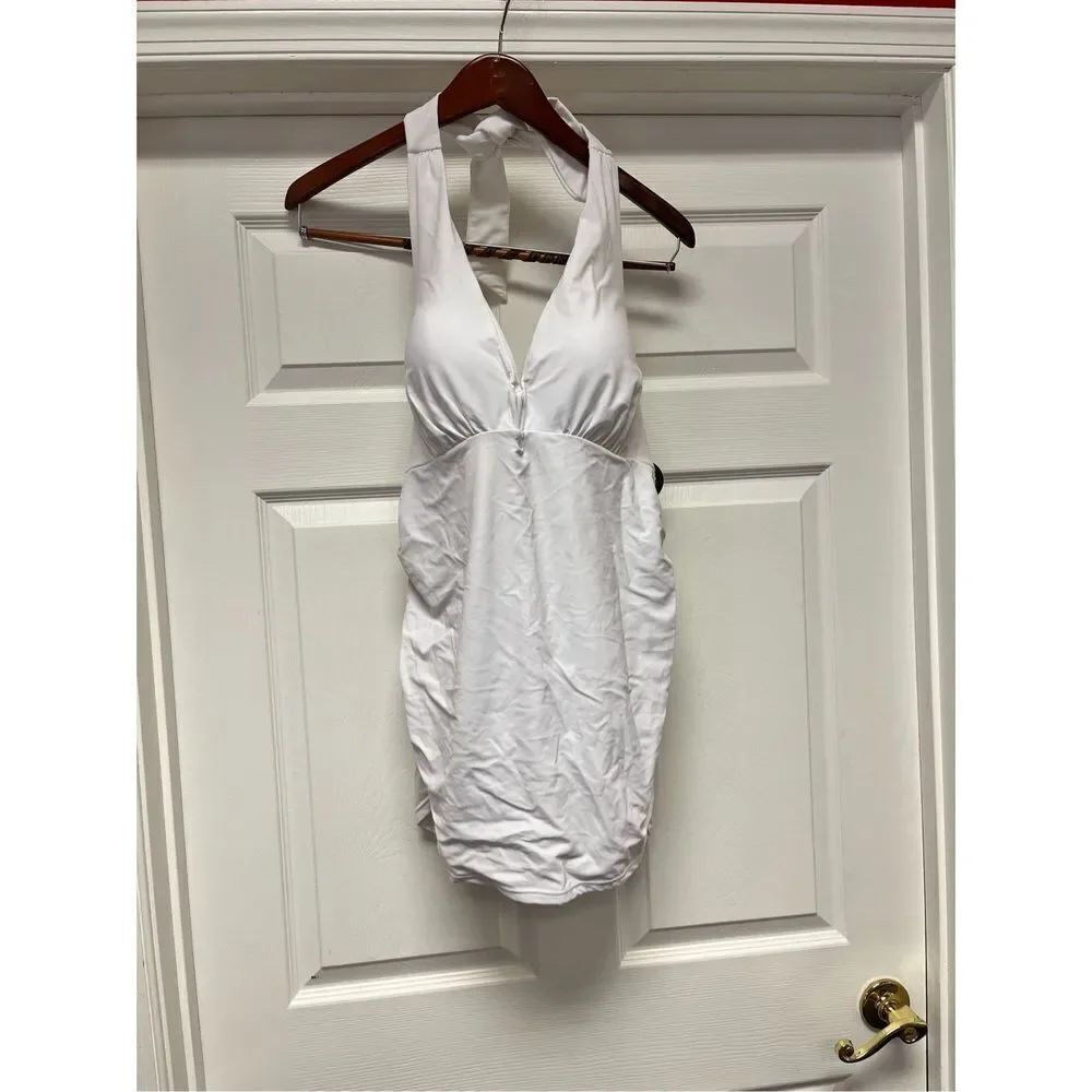 Cacique White Plunge Ruched Side Tankini Too sz 42B NWT